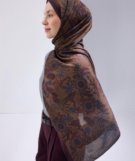 Urban Hours Aqua Whisper Olive-Mor Botanik Desenli Mayda Şal-81015-13