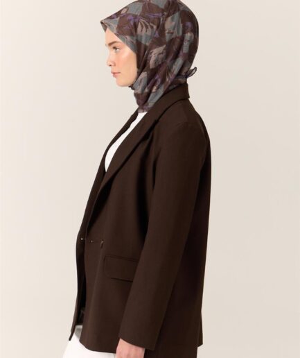 İnce Pamuk Soft Eşarp Acı Kahve-Eflatun Desenli Kaymaz Dokulu Tok Duruşlu 90x90